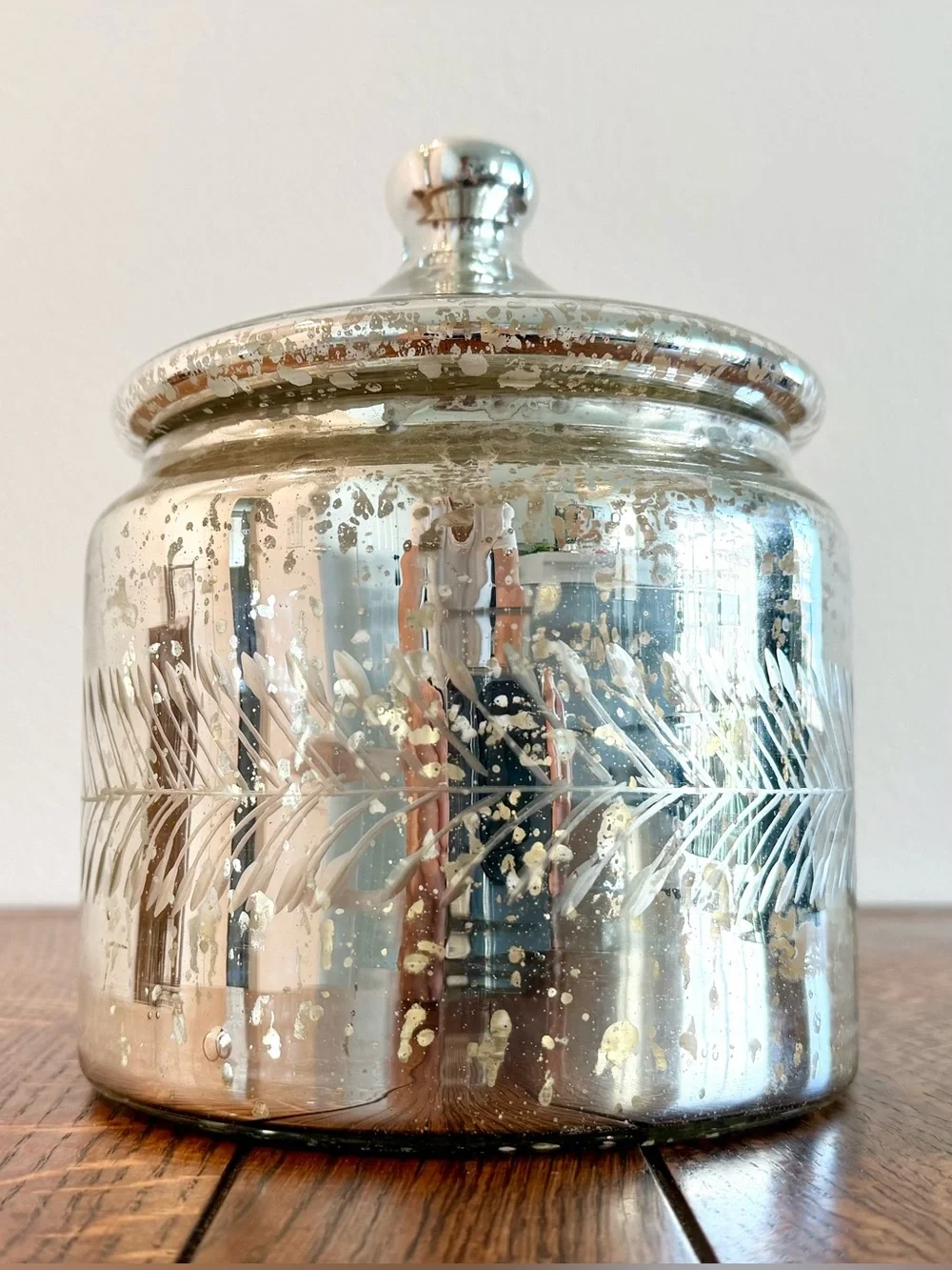 Vintage Mercury Silver Etched Leaf Glass Jar W/Lid